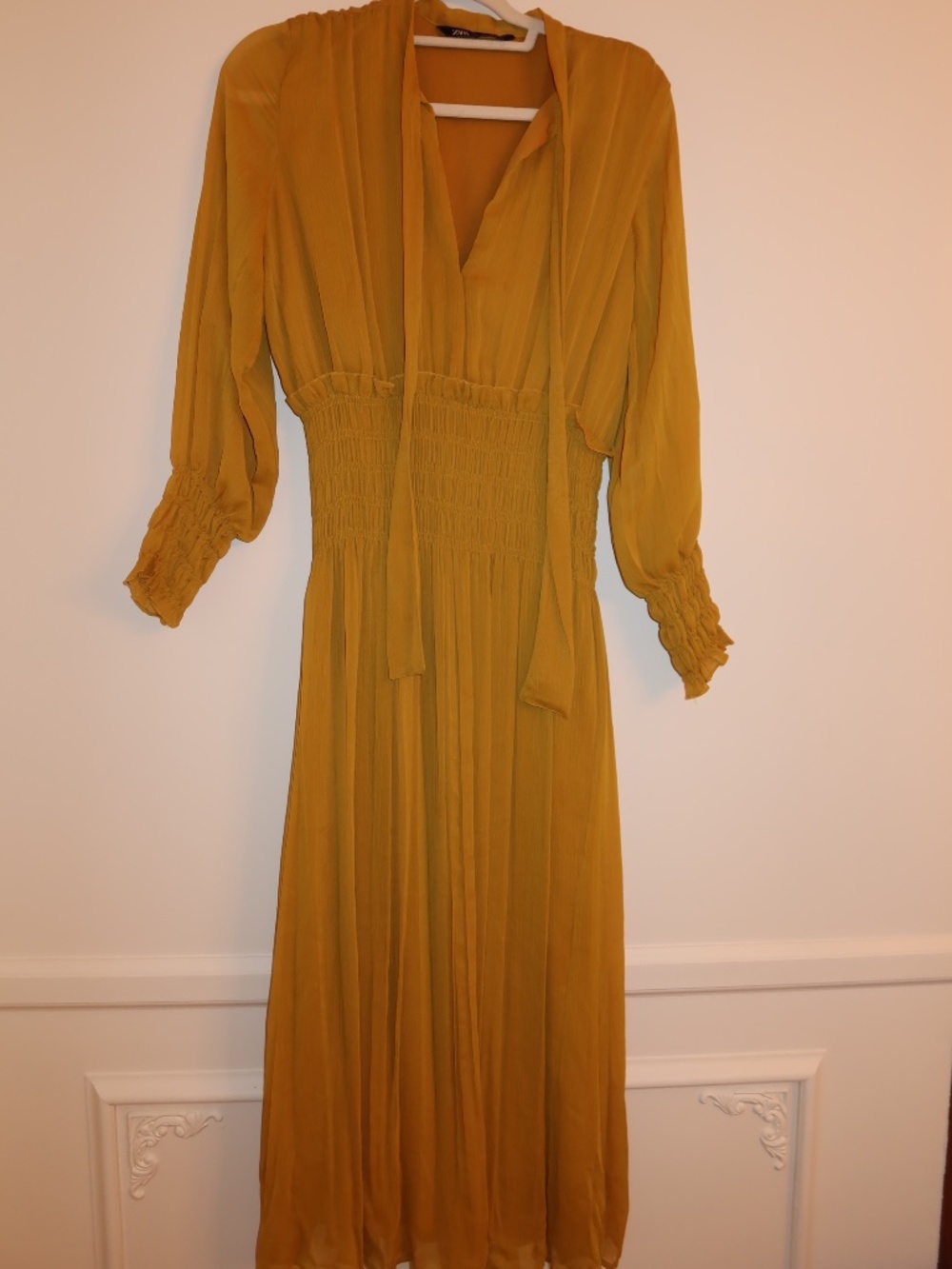 Zara Maxi Yellow Dress Pleated Front Tie Stretch Waist Size M